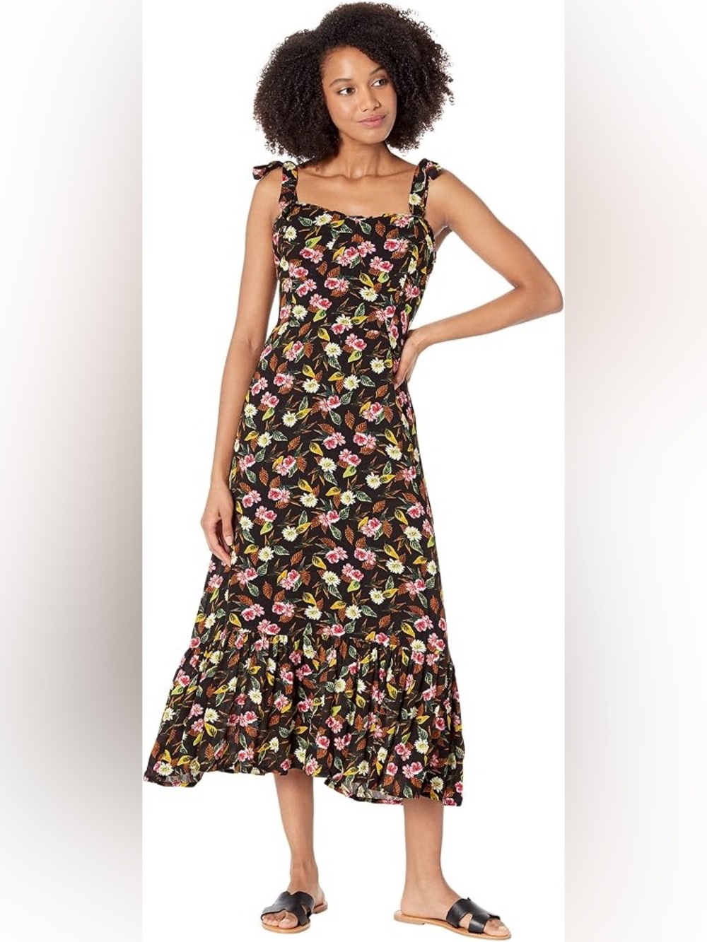 Buffalo David Bitton Black Floral Tie-Shoulder Midi Dress Large